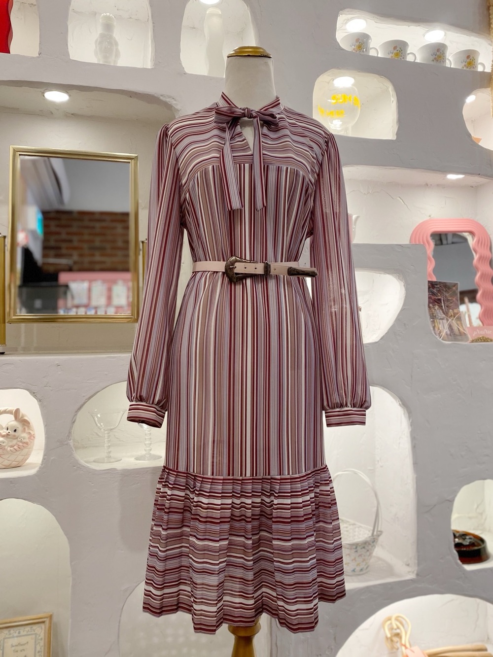 Retro Striped Tie-Neck Long Sleeve Midi Dress in Burgundy with Pleated Hem